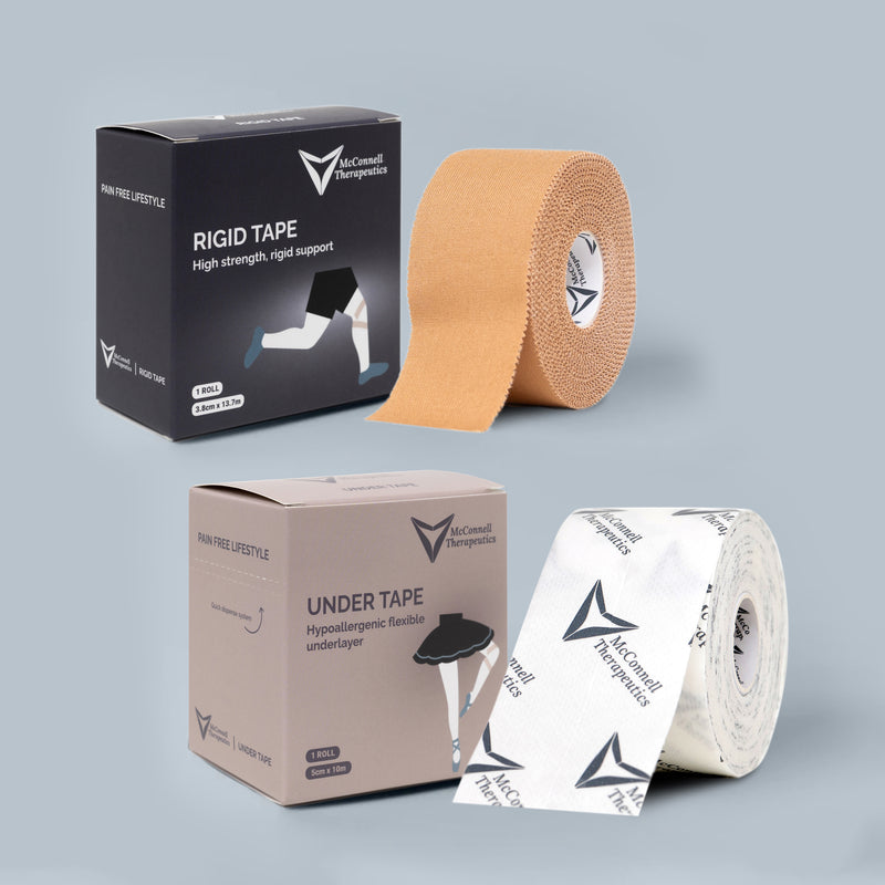 McConnell Rigid and Under Tape combo pack showing zinc oxide and acrylic adhesive rolls