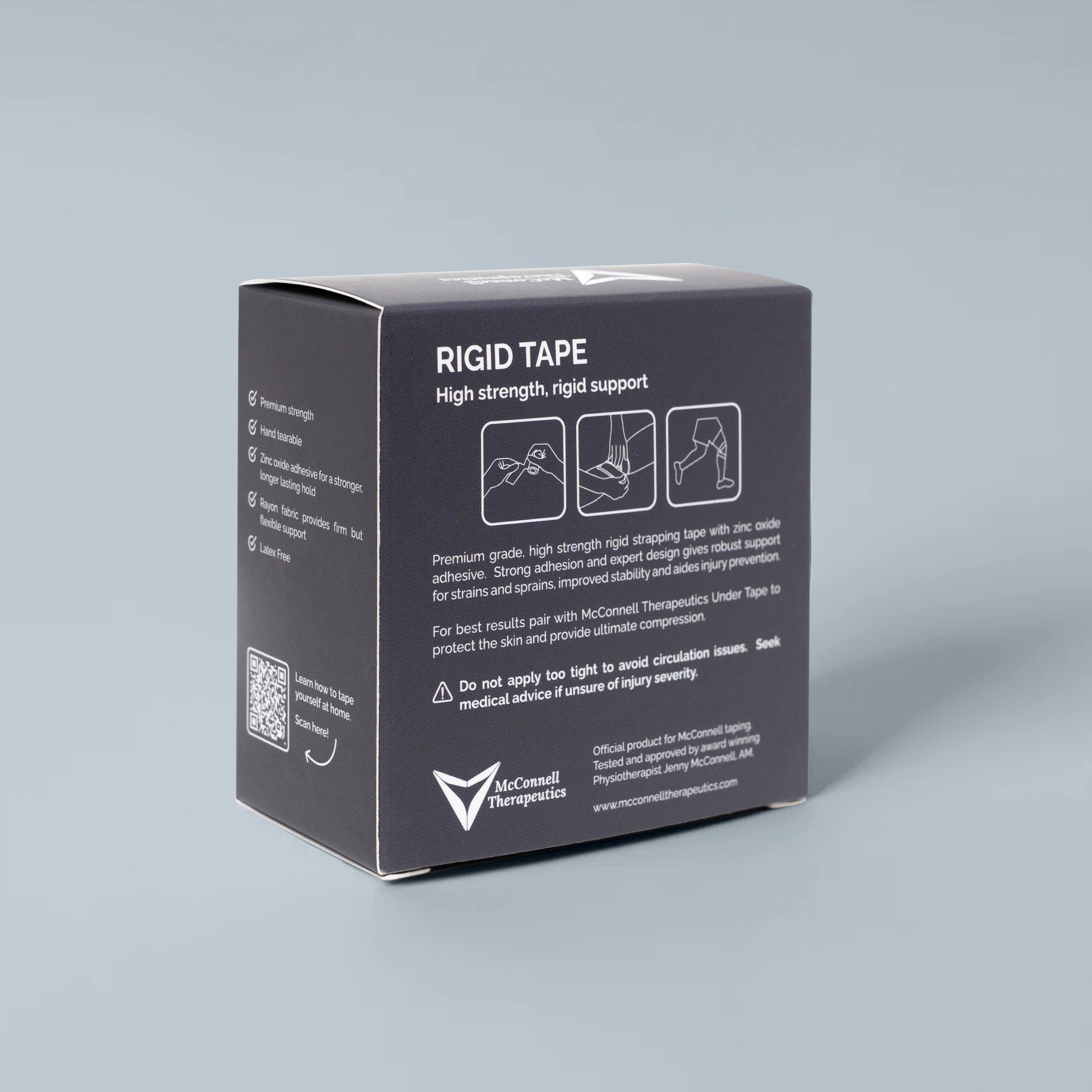 Back of McConnell Therapeutics Rigid Tape box displaying application guide and taping instructions