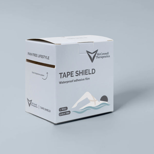 McConnell Therapeutics Tape Shield box on grey background showing waterproof protective film packaging for sports tape