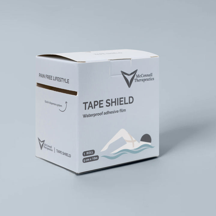 McConnell Therapeutics Tape Shield box on grey background showing waterproof protective film packaging for sports tape