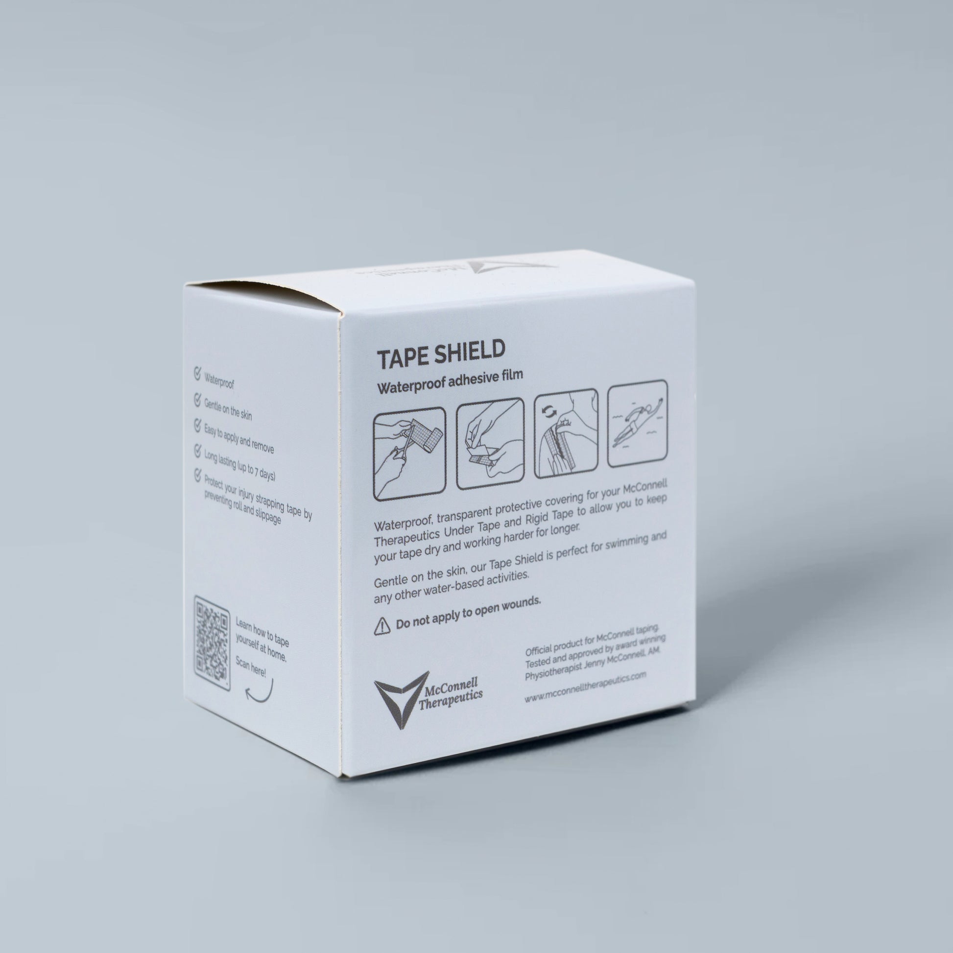 Back of McConnell Therapeutics Tape Shield box displaying product details and waterproof film specifications