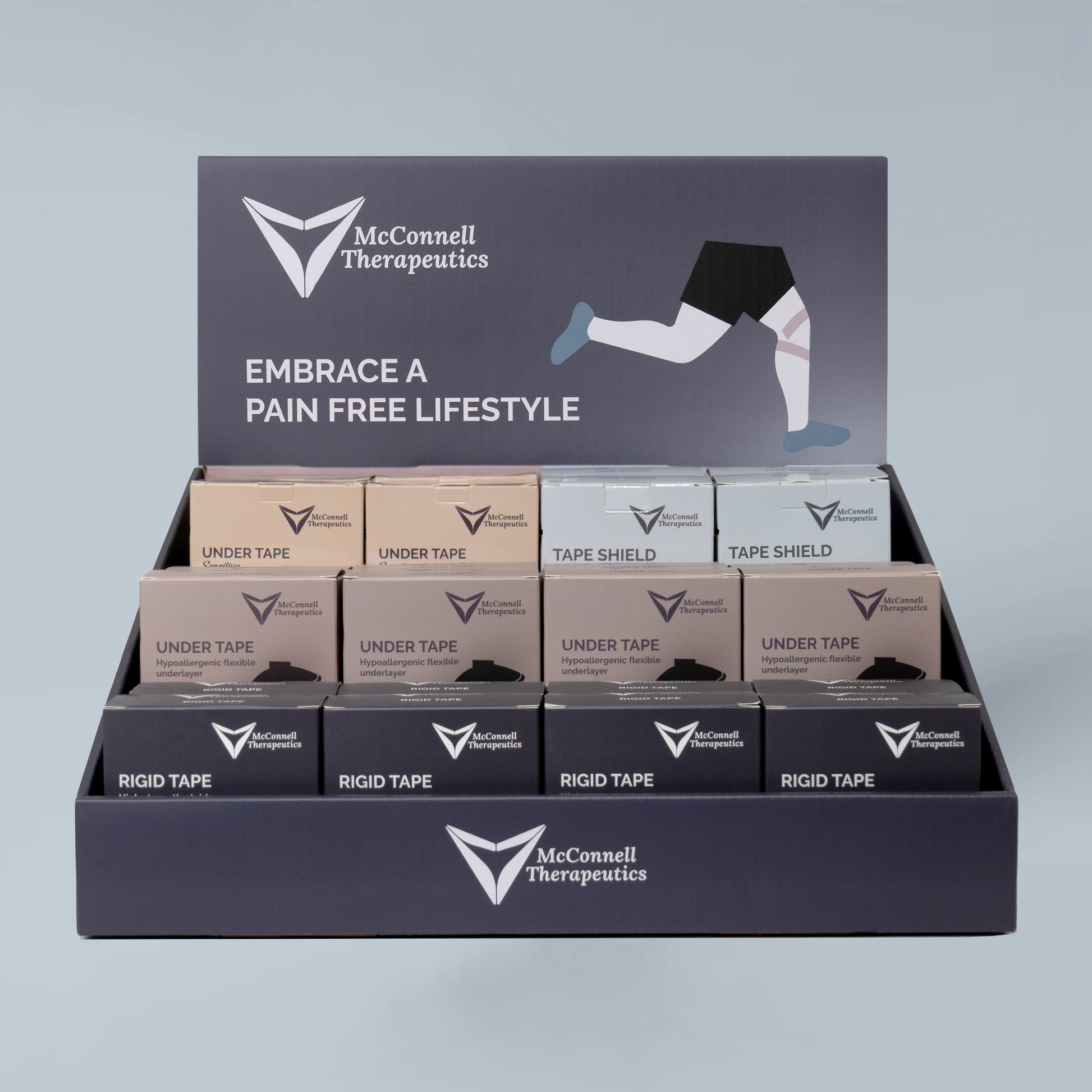 McConnell Therapeutics retail display unit with Rigid, Under, Sensitive, and Tape Shield tapes designed for physiotherapy clinics