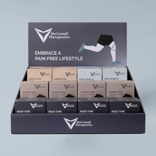 McConnell Therapeutics retail display unit with Rigid, Under, Sensitive, and Tape Shield tapes designed for physiotherapy clinics