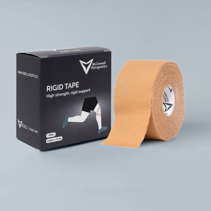 McConnell Therapeutics Rigid Tape roll and box showing zinc-oxide adhesive premium sports strapping