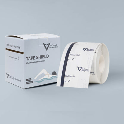 McConnell Therapeutics Tape Shield roll and box showing transparent waterproof film for protecting strapping tape
