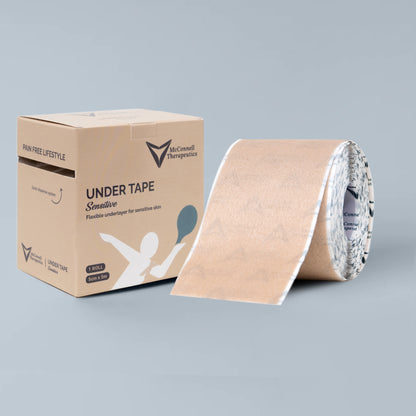 McConnell Therapeutics Under Tape Sensitive roll and box showing gentle silicone-based underwrap for sensitive skin