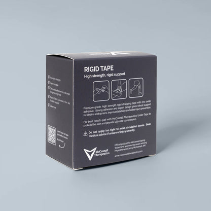 Back of McConnell Therapeutics Rigid Tape box displaying application guide and taping instructions