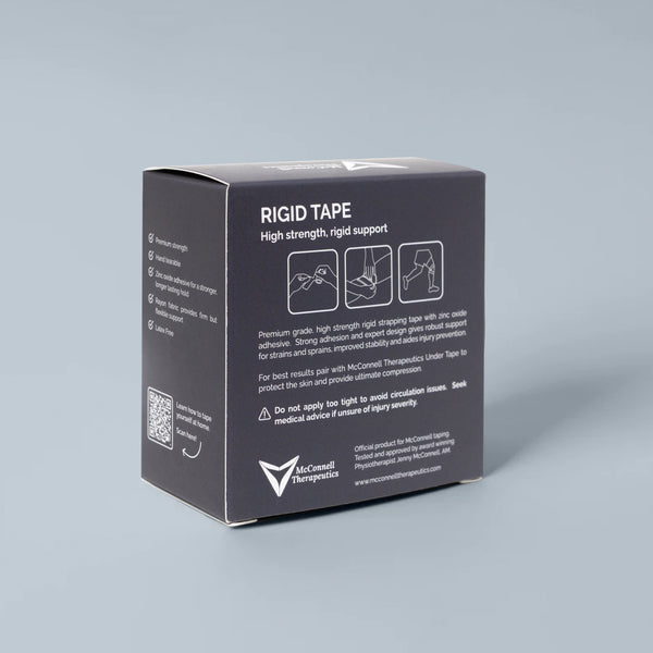 Back of McConnell Therapeutics Rigid Tape box displaying application guide and taping instructions