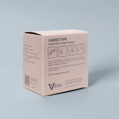 Back of McConnell Therapeutics Under Tape box displaying product information and adhesive specifications