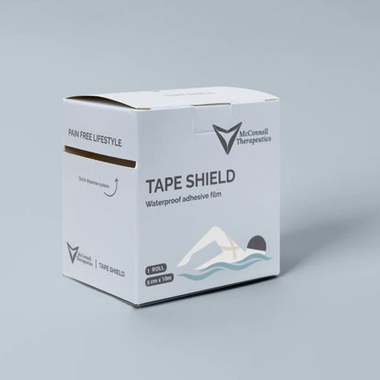 McConnell Therapeutics Tape Shield box on grey background showing waterproof protective film packaging for sports tape