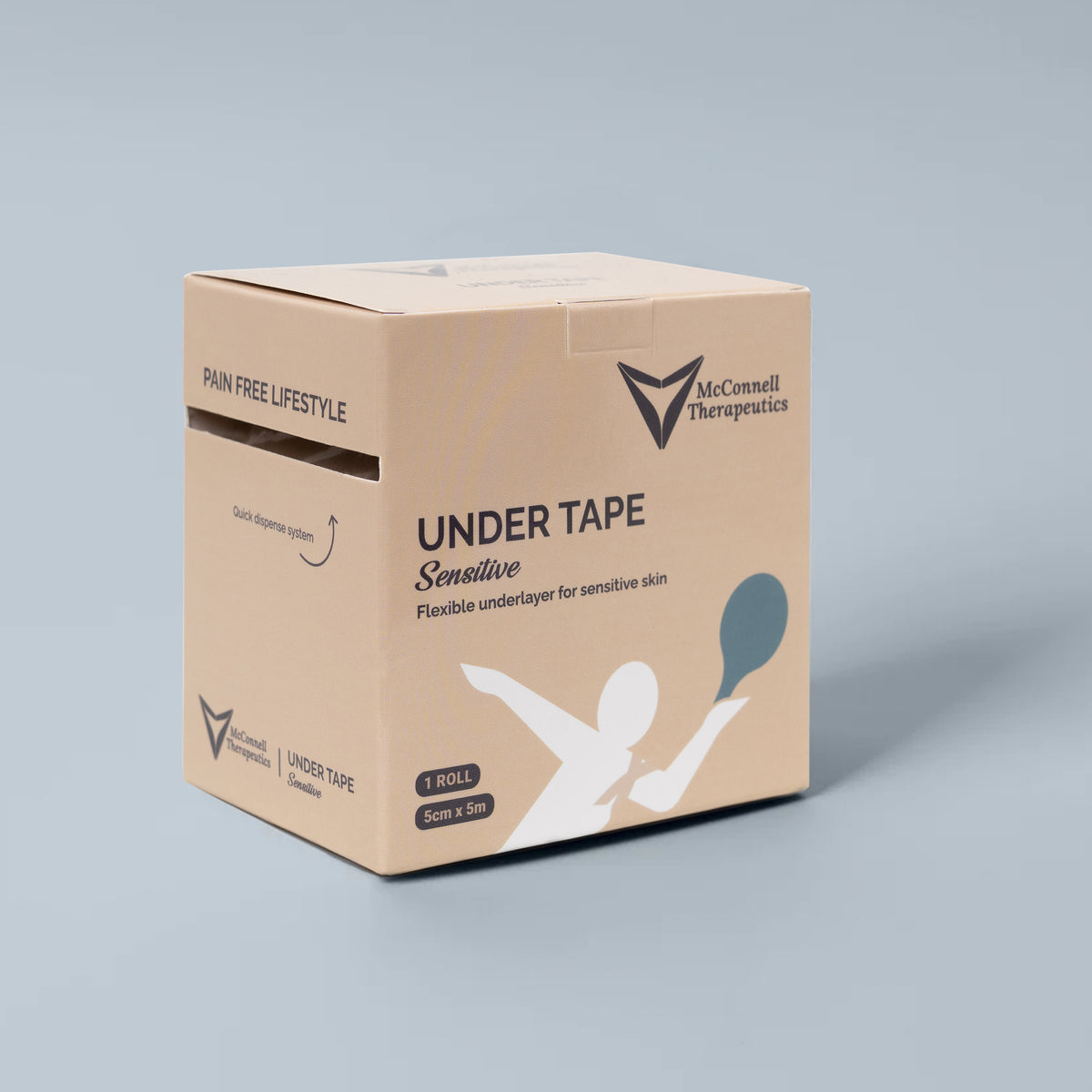 McConnell Therapeutics Under Tape Sensitive box on grey background showing silicone adhesive tape for delicate skin