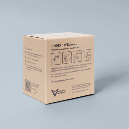 Back of McConnell Therapeutics Under Tape Sensitive box displaying product specifications and silicone adhesive details