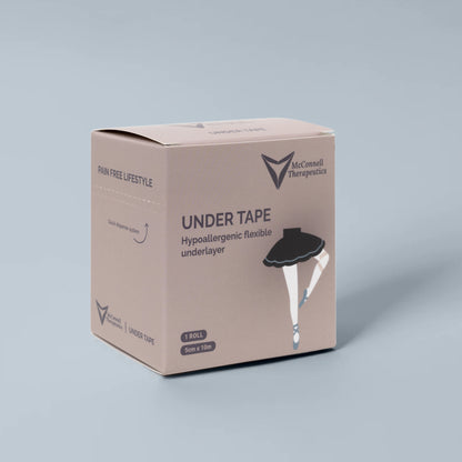 McConnell Therapeutics Under Tape box on grey background showing hypoallergenic sports underwrap packaging
