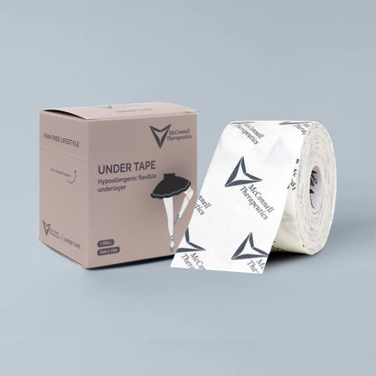 McConnell Therapeutics Under Tape roll and box showing breathable acrylic adhesive underwrap for skin protection