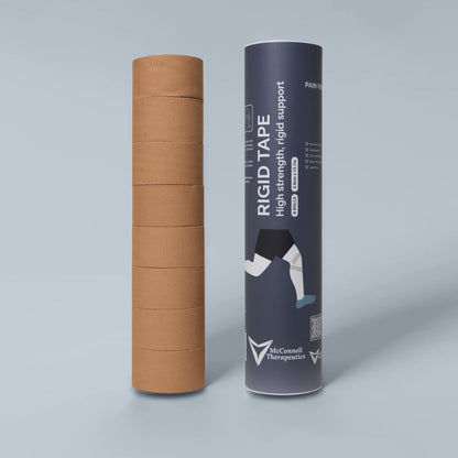 McConnell Therapeutics Rigid Tape Tube opened with multiple rolls of rigid sports tape for physiotherapy clinics